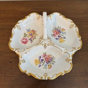 VTG Porcelain Divided Handled Dish JLMENAU Graf Von Henneberg Gold Trim  Germany